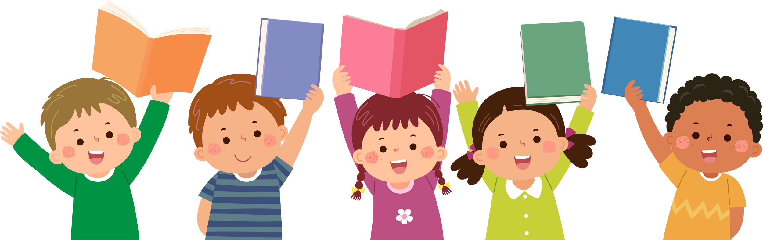 Cartoon children showing books over their heads